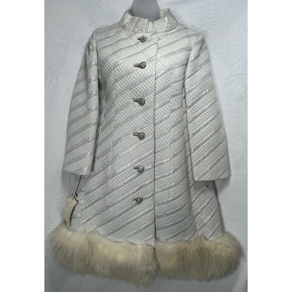 VINTAGE 60's 70's Penny Lane White Silver Brocade Coat Jacket Faux Fur Hem Sz 10 - Picture 4 of 16